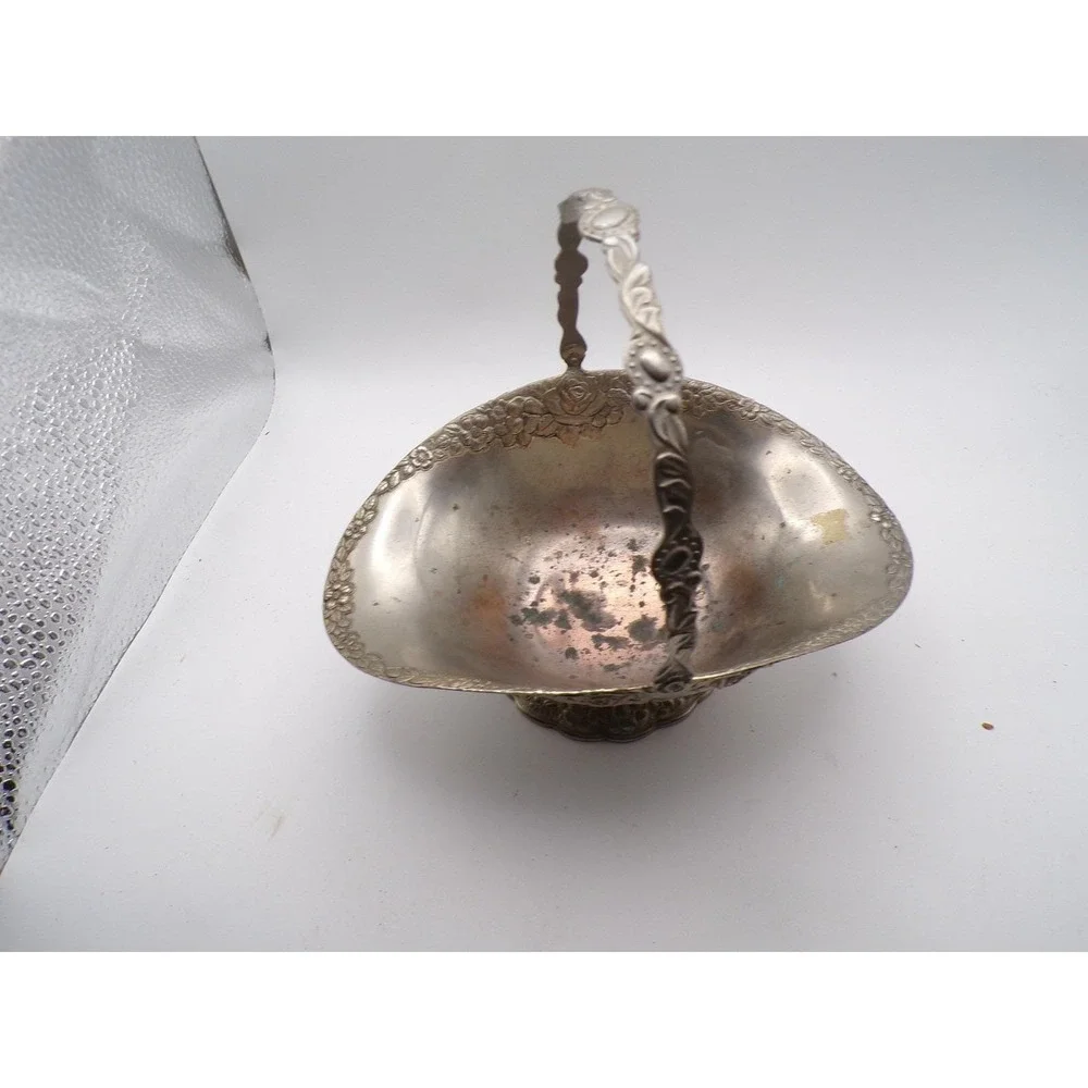 Vintage Ornate Silver‎ Plated Basket with Handle Floral Design Home Decor